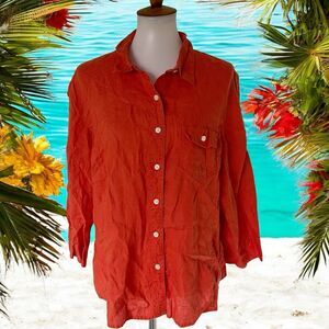 Talbots 100% Pure Irish Linen Orange Button Up Shirt 3/4 Sleeve Collared Size XL